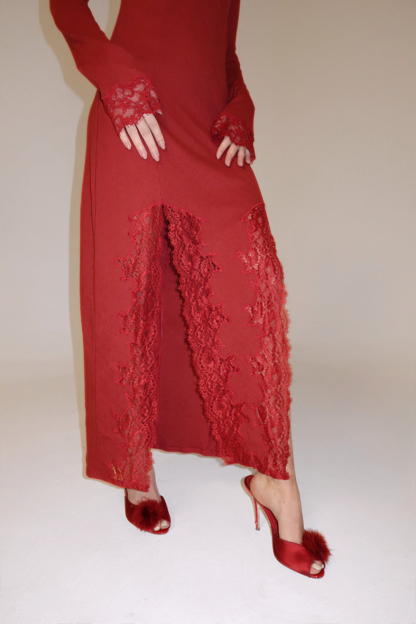 Pointelle and lace long sleeve maxi dress