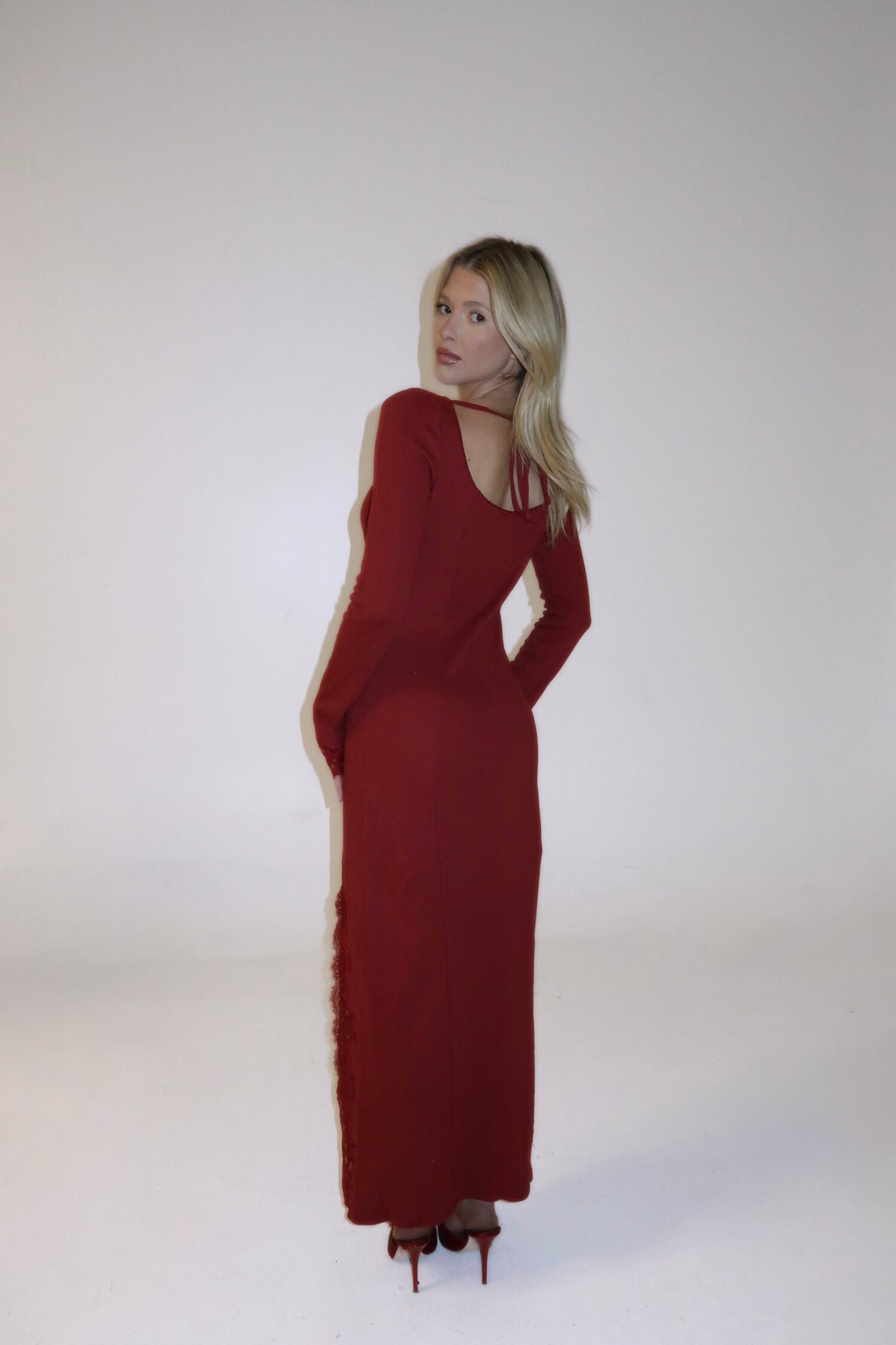Pointelle and lace long sleeve maxi dress