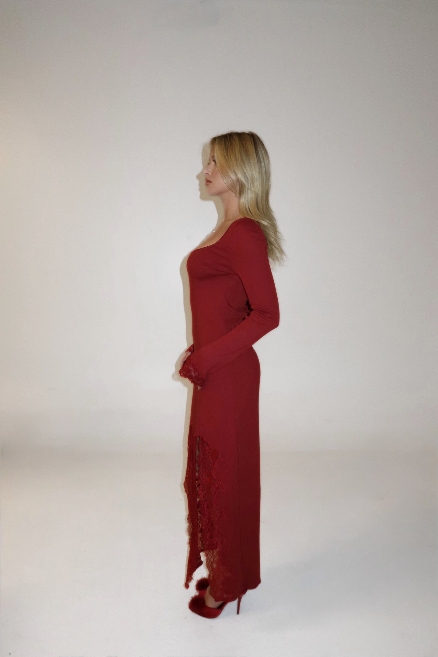 Pointelle and lace long sleeve maxi dress