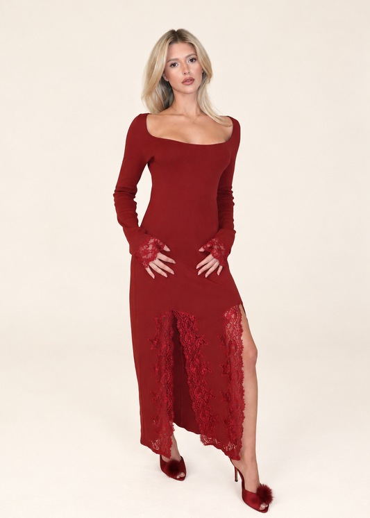 Pointelle and lace long sleeve maxi dress
